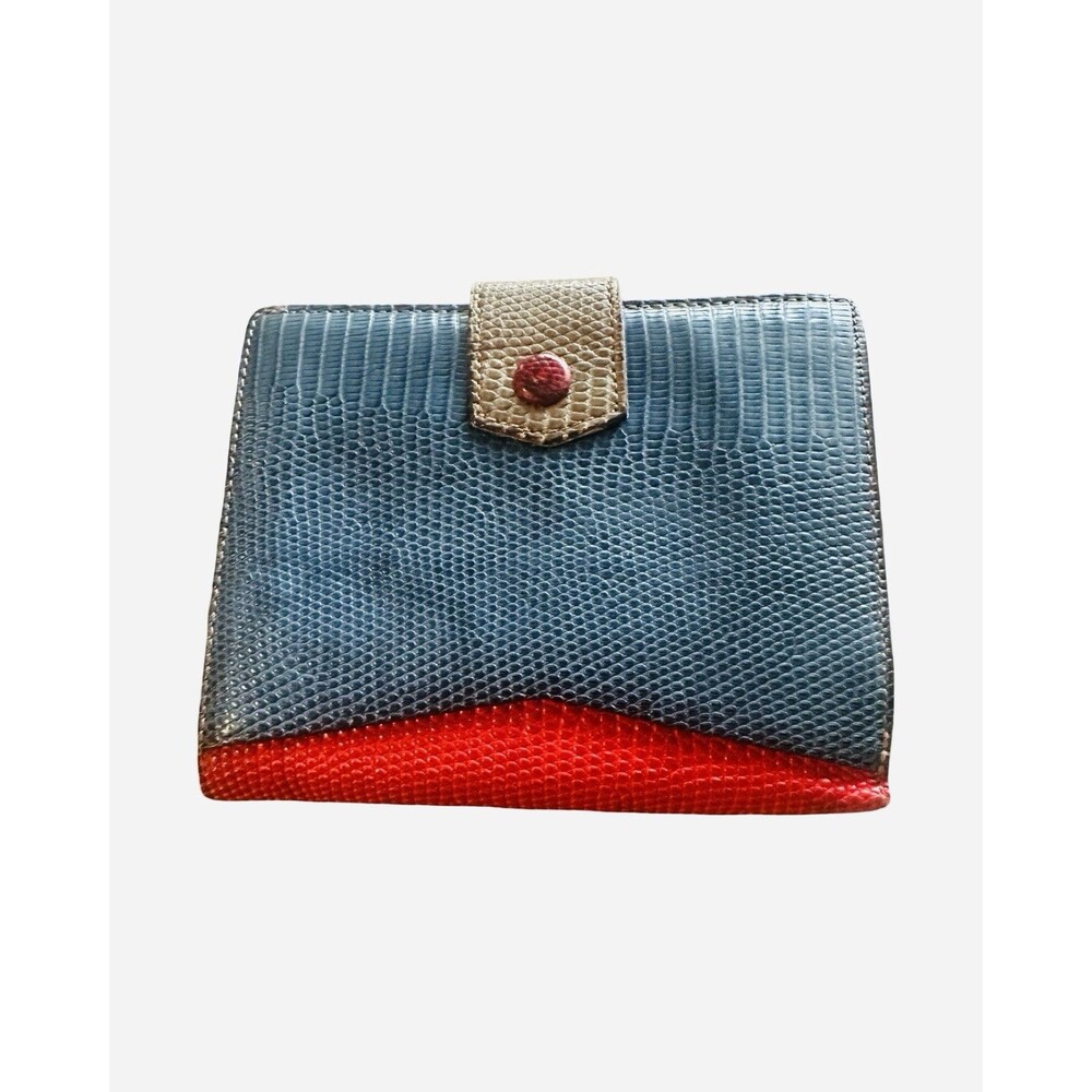 Do It Vintage Lizard Skin Bifold Wallet Colorblock Blue Red Exotic Leather Tab